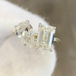 Toi et Moi Lab Grown Diamond engagement wedding ring 2ct emerald cut 1.3ct pear shape 18k Yellow gold