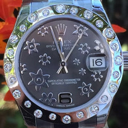 Rolex 31mm Datejust 178240 Steel Floral Gray Dial Custom Scattered Diamond Bezel