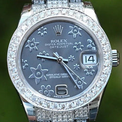 Rolex 31mm Datejust 178240 Floral Diamond Bezel Full Iced Out Oyster Band Lugs