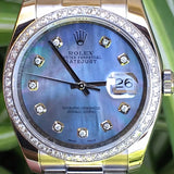 Rolex 36mm Datejust Steel 116200 18k Bezel Mother of Pearl Custom Diamond Dial