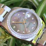 Rolex 36mm Datejust Steel 116200 18k Bezel Mother of Pearl Custom Diamond Dial