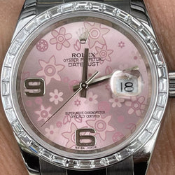 Rolex 36mm Datejust 116200 Factory Pink Floral Dial Tapered Diamond Bezel Mint