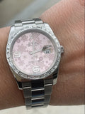 Rolex 36mm Datejust 116200 Factory Pink Floral Dial Tapered Diamond Bezel Mint