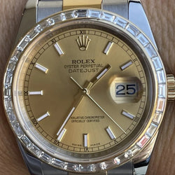 Rolex 36mm Datejust 116233 18k Yellow Gold Tapered Baguette Diamond Bezel Mint