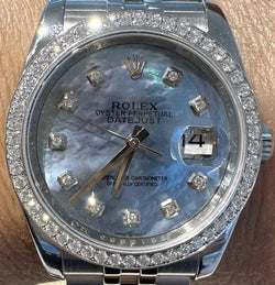 Rolex 36mm Datejust 116234 Diamond Bezel Blue Mother Of Pearl Diamond Dial VS F