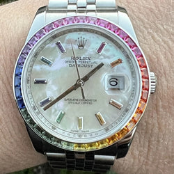 Rolex Datejust 36mm Steel Mother of Pearl Rainbow sapphire Dial bezel 116599rbow