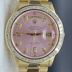 Rolex President 36mm Pink Dial 118238 Tapered Princess Cut Bezel 18k Yellow gold