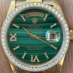 Rolex 36mm President 18238 18K Gold Malachite Diamond Dial Diamond Bezel Mint