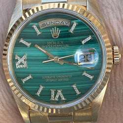 Rolex 36mm President Day-Date 18238 Unisex 18K Gold Malachite Diamond Dial Mint