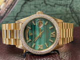 Rolex 36mm Presidential Day-Date 18238 (Double Quickset) Mens or Womens Watch Refinished Malachite Diamond Dial and Custom Diamond Bezel