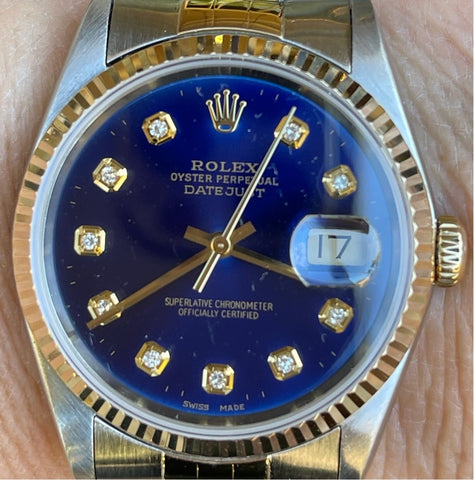 Rolex Datejust 36mm 16233 Men’s or Women’s Watch Two Stainless Steel and 18k Yellow Gold Refinished Blue Diamond Dial Mint