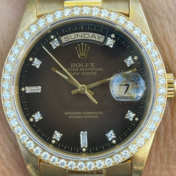 Rolex Presidential 36mm Day Date 18238 (Double Quickset) Mens or Womens Watch Factory Brown Vignette Diamond Dial Custom Diamond Bezel