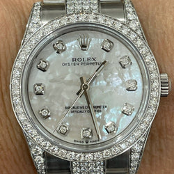 Rolex Oyster Perpetual 34mm 124200 Mens or Women’s Stainless Steel Watch Diamond Bezel Refinished White Mother of Pearl Diamond Dial Mint