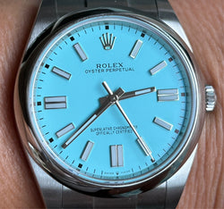 Rolex 41mm Oyster Perpetual 124300 Mens or Womens Watch.  Refinished Tiffany Blue Dial Mint Condition