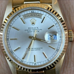 Rolex Presidential 18238 Day Date (Double Quickset) Men or Womens Watch 18k Gold All Factory With Silver Dial and Fluted Bezel