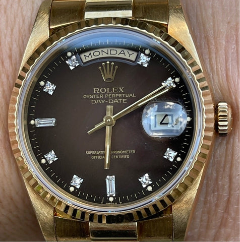 Rolex Presidential 36mm Day Date 18238 (Double Quickset) Mens or Womens Watch All-Factory Brown Vignette Diamond Dial 18k Solid Yellow Gold