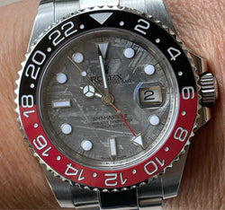 Rolex GMT Master II 40mm 116710 stainless steel watch.  Refinished meteorite dial and Custom Ceramic "Coke" Bezel Insert Mint