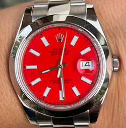 Rolex Datejust 41mm 116300 Stainless Steel Mens Watch.  Refinished Coral Red Dial Mint
