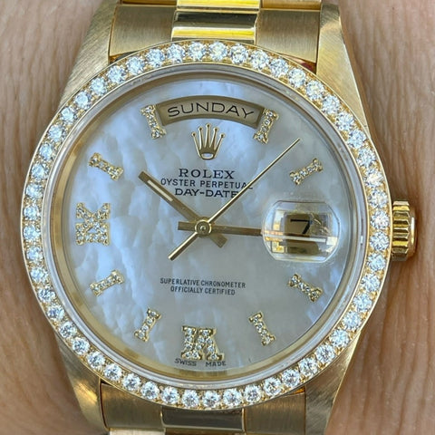 Rolex Presidential 36mm Day Date 18238 (Double Quickset) Refinished White Mother of Pearl Diamond Dial Custom Diamond Bezel Mint